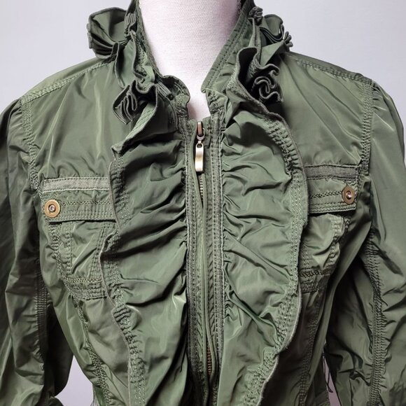 White House Black Market Ruffle Jacket Zip Pocket Green Womens Small Lightweight - Picture 4 of 11